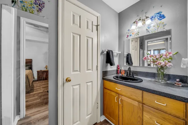 a bathroom with a sink and a mirror