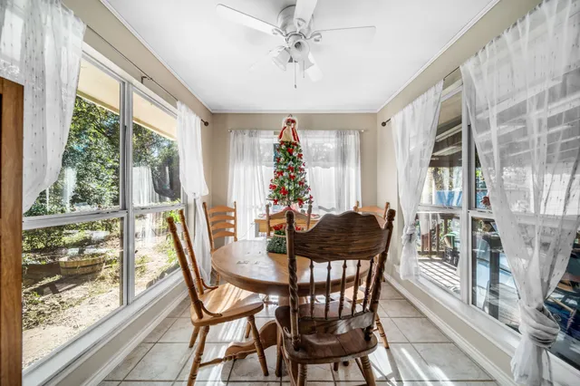 a view of a dining room with furniture window and outside view