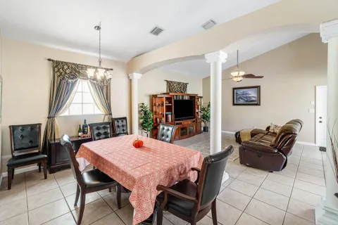 a view of a dining room with furniture window and outside view