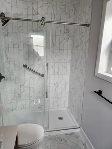 a bathroom with a shower and toilet