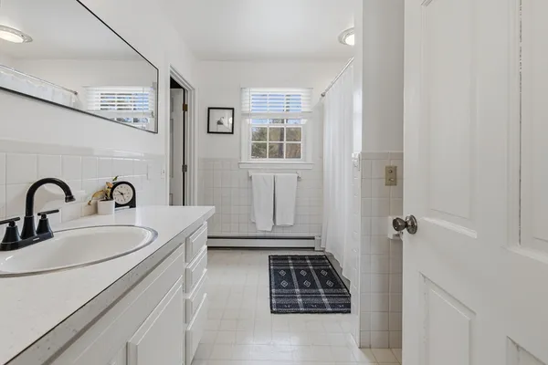 a bathroom with a double vanity sink a mirror and a shower