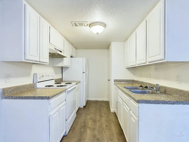 a kitchen with a stove a sink a refrigerator and cabinets