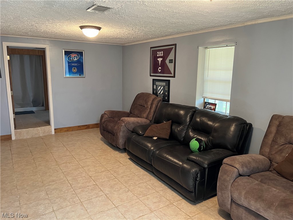 6950 Walker Road Walker, WV 26180 - Photo 15 of 22 Basement Tiled living room featuring a textured ceiling and crown molding