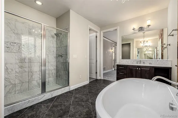 a bathroom with a sink a mirror and a shower