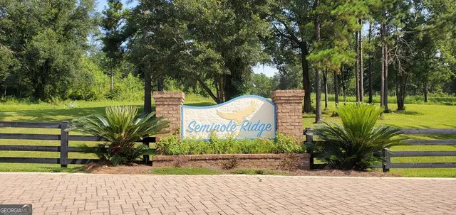 a view of a garden with plants and large trees