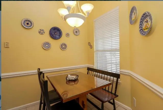 a view of a dining room with chairs and a table