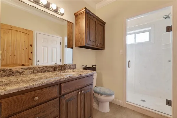 a bathroom with a granite countertop sink toilet and shower