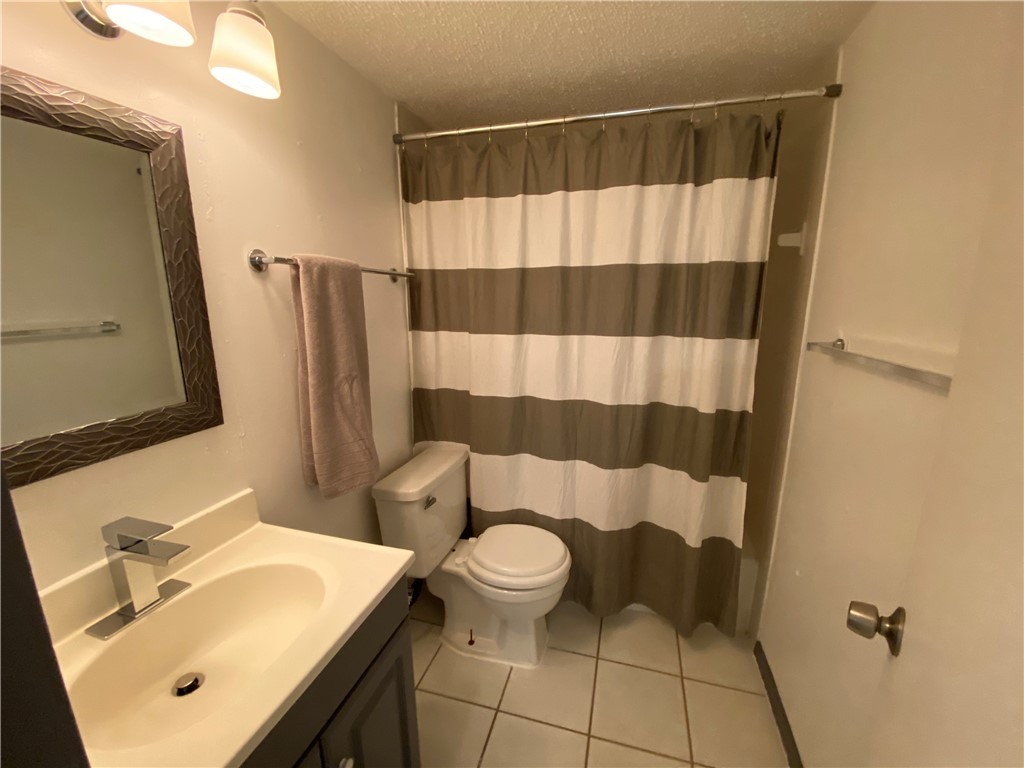 2413 Leon Street, Unit 102 Austin, TX 78705 - Photo 15 of 22 a bathroom with a sink a toilet a mirror and shower curtain