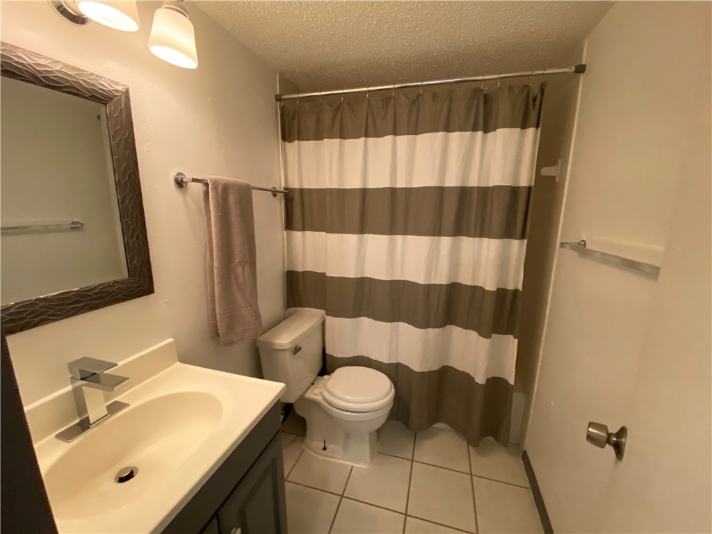 2413 Leon Street, Unit 102 Austin, TX 78705 - Photo 16 of 22 a bathroom with a sink a toilet a mirror and shower curtain
