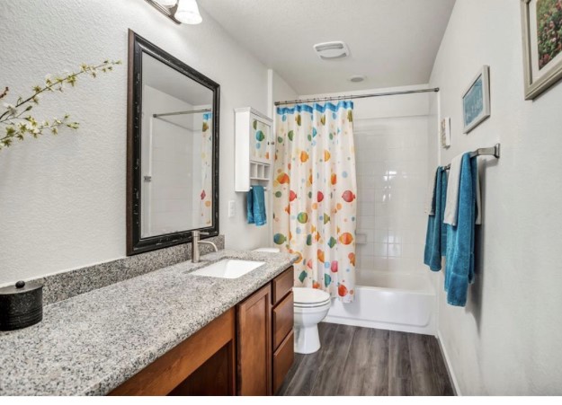 1428 Crested Butte Way Georgetown, TX 78626 - Photo 20 of 28 Full bath with shower / bath combination with curtain, vanity, dark wood-type flooring, and a textured wall