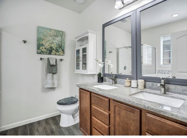 1428 Crested Butte Way Georgetown, TX 78626 - Photo 8 of 28 Bathroom featuring dark wood-style flooring, a shower stall, and double vanity