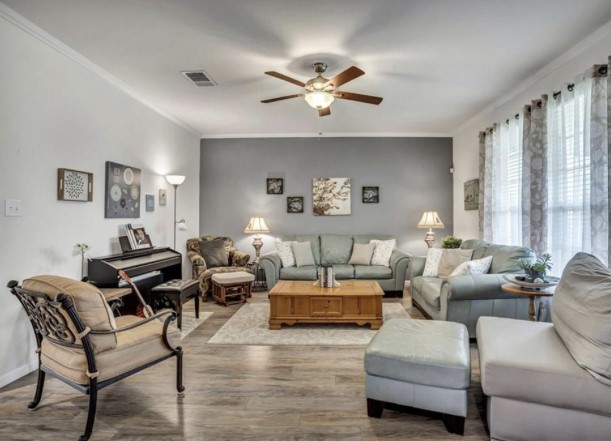 1428 Crested Butte Way Georgetown, TX 78626 - Photo 10 of 28 Living room featuring ornamental molding, wood finished floors, and ceiling fan