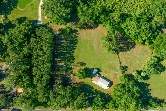 an aerial view of a yard with plants and large trees
