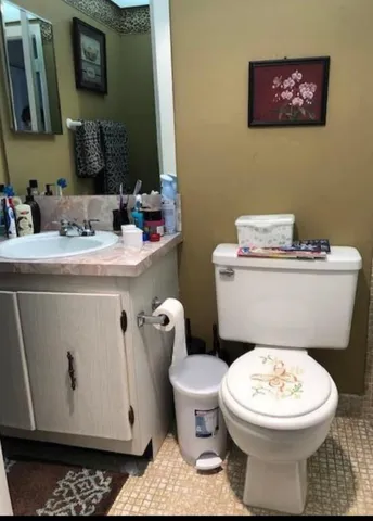 a bathroom with a toilet a sink and mirror
