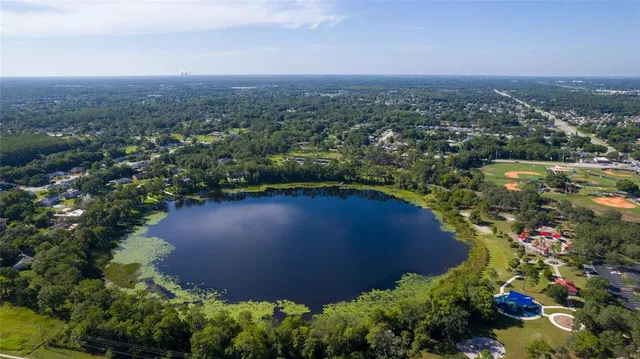 an aerial view of a residential houses with outdoor space and trees