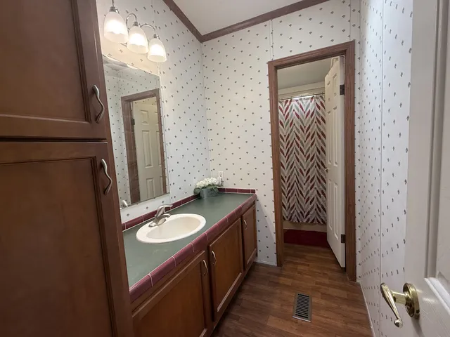 a bathroom with a granite countertop sink and a mirror