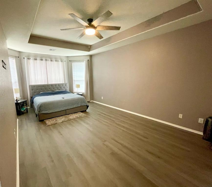 3604 Rams Horn Way Round Rock, TX 78665 - Photo 10 of 26 A spacious bedroom features tray ceilings and modern wood flooring, bathed in natural light from multiple windows.