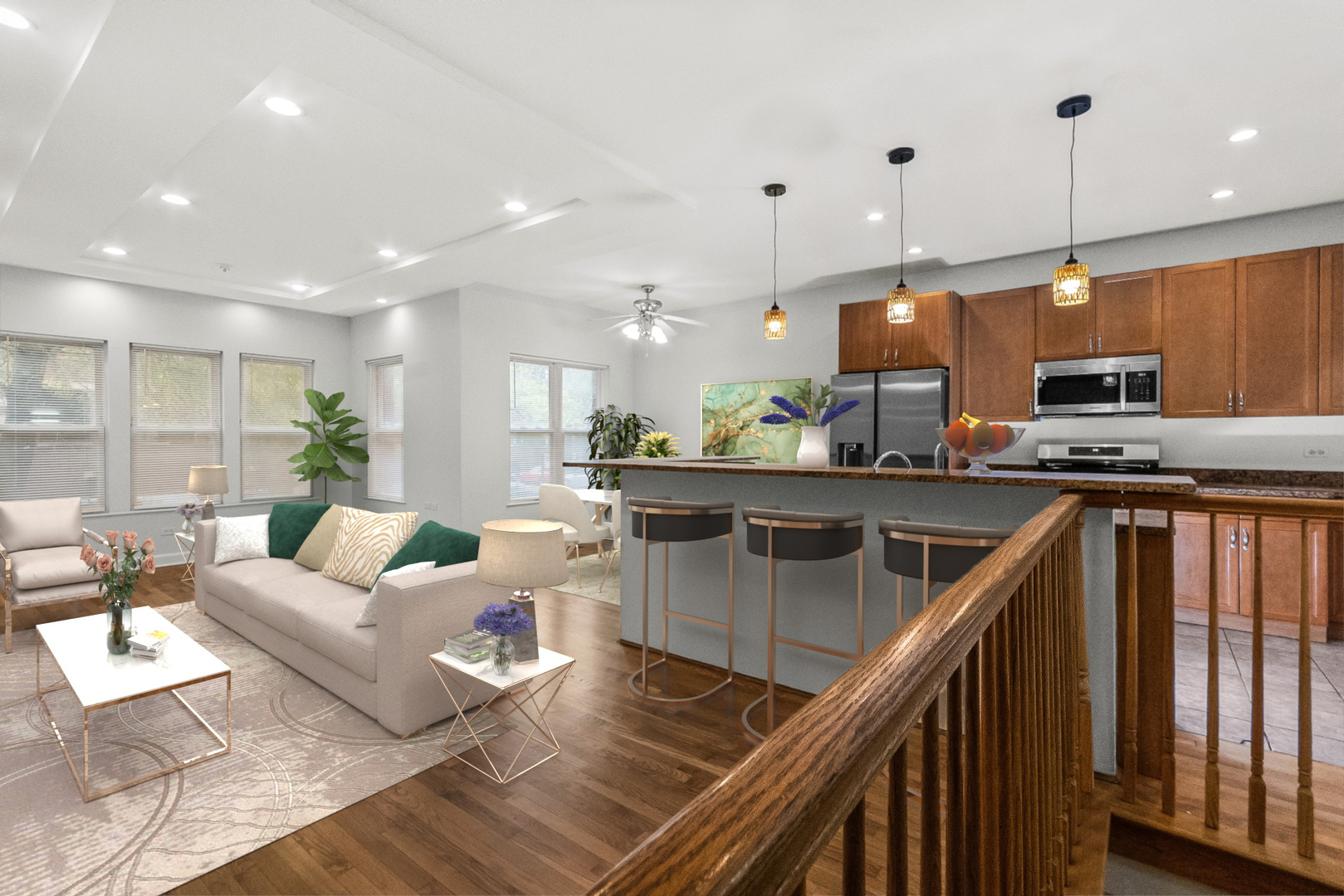 1628 West Juneway Terrace, Unit 1 Chicago, IL 60626 - Photo 8 of 49 a kitchen with stainless steel appliances granite countertop a stove a sink dishwasher a living room with white cabinets and wooden floor