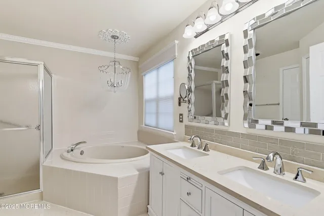 a bathroom with a sink double vanity granite tub shower and a mirror