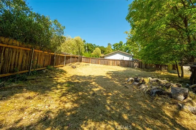 a view of a yard with large trees and wooden fence