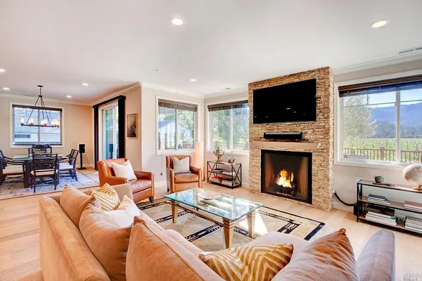 a living room with furniture a flat screen tv and a fireplace