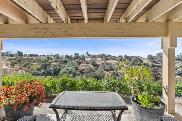 a view of a balcony with chair and potted plants