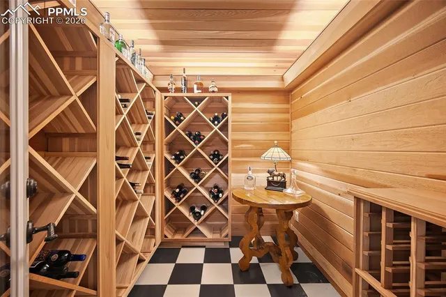 a room with a black white checkered floor