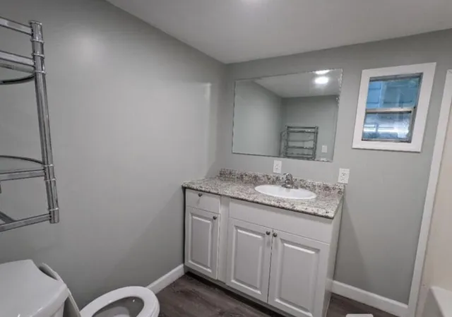 a bathroom with a granite countertop sink a toilet and mirror
