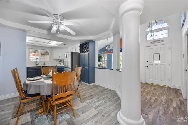 a room with fireplace and wooden floor