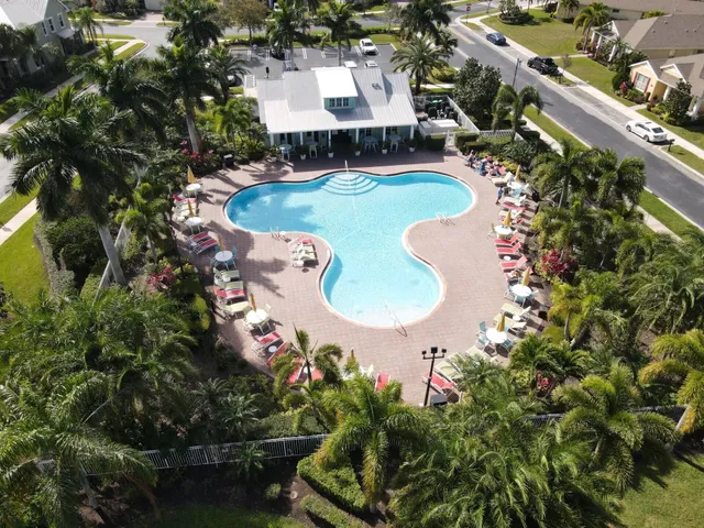 an aerial view of a swimming pool