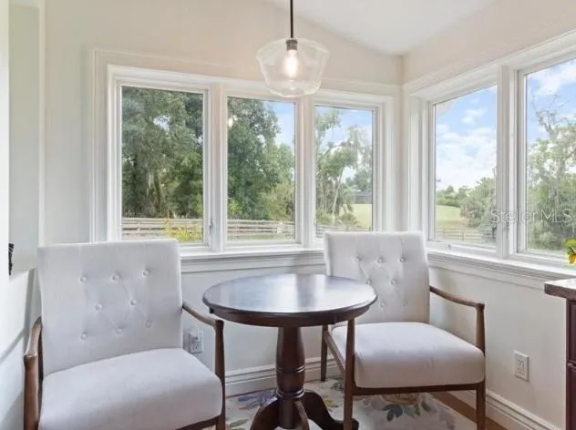 a view of a dining room with furniture window and outside view