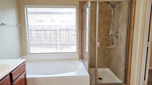 a bathroom with a bathtub and a shower