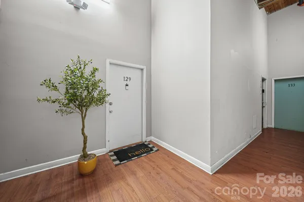 a view of a room with wooden floor and plant