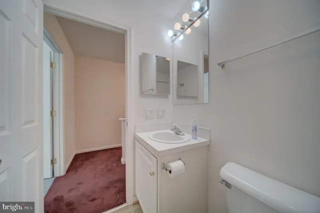 a bathroom with a sink a toilet and mirror