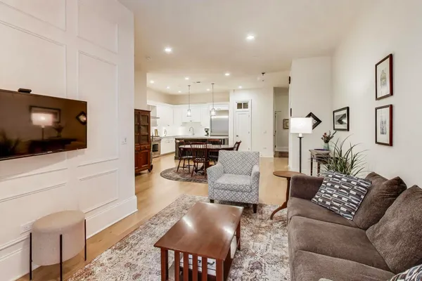 a view of a dining room with furniture