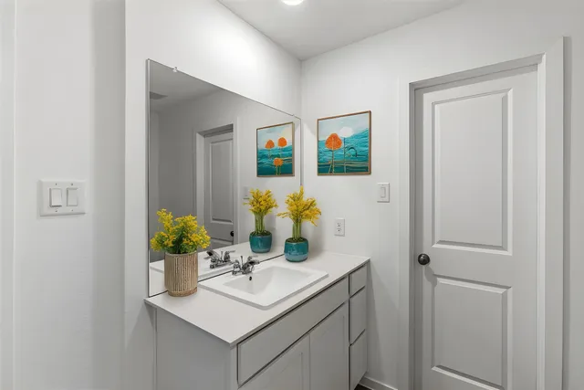 a bathroom with a sink and a mirror