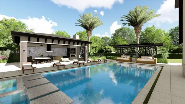 a view of a swimming pool with furniture
