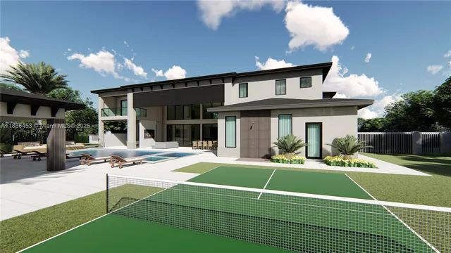 a view of a house with a swimming pool and furniture