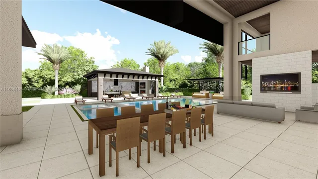 a dining area with furniture and a floor to ceiling window