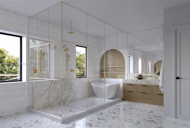 a large white kitchen with a granite countertop sink a mirror and a shower