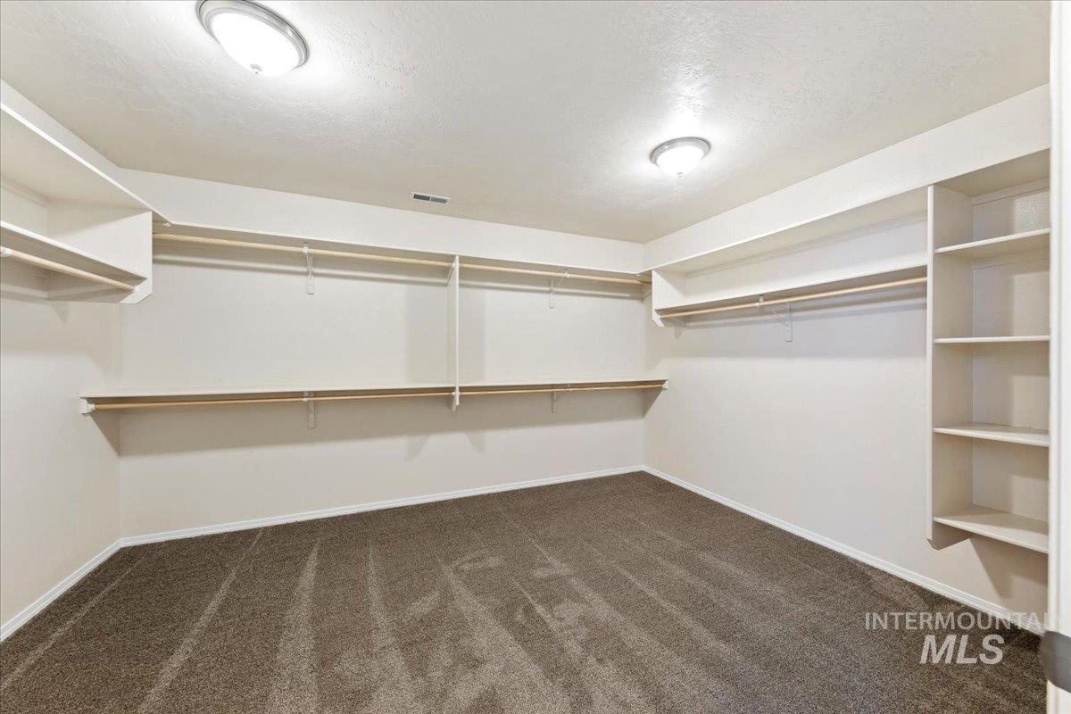 1555 Condor Drive Middleton, ID 83644 - Photo 29 of 50 Spacious walk-in closet featuring extensive built-in shelving, multiple hanging rods, durable carpet flooring, and overhead lighting