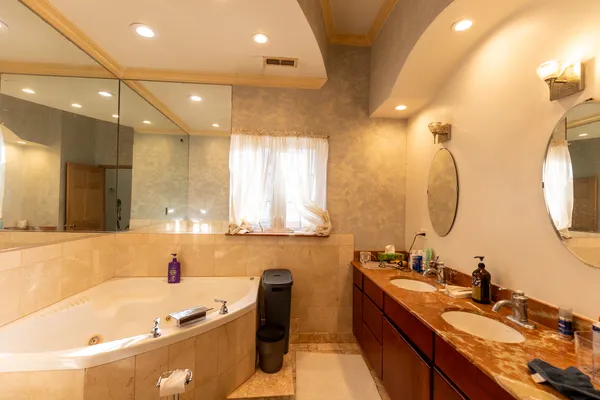 a bathroom with a tub a sink double vanity and a mirror