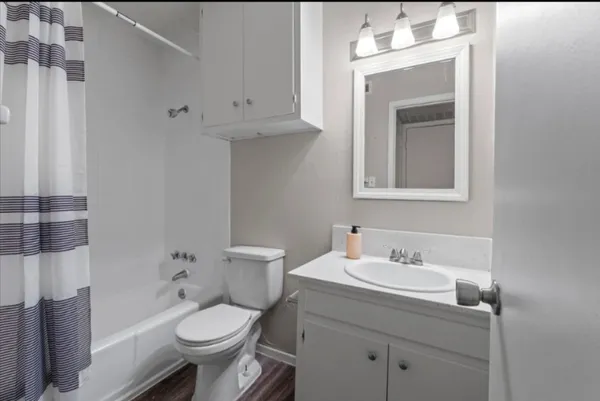 a bathroom with a sink toilet and shower