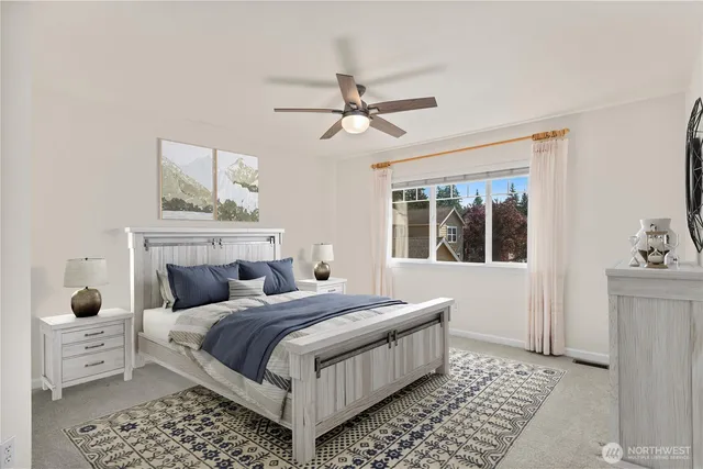 a view of a park with large trees