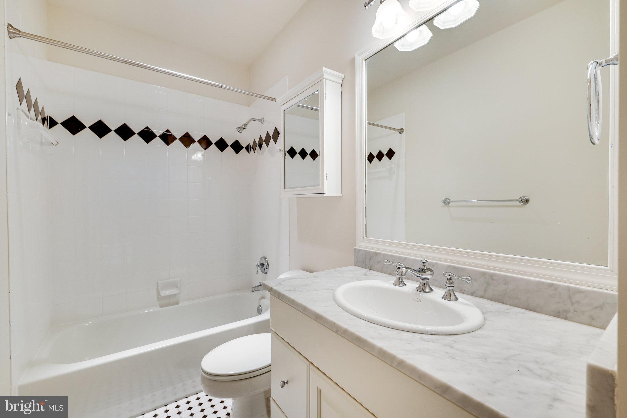 1064 Silent Ridge Court McLean, VA 22102 - Photo 56 of 70 a bathroom with a granite countertop sink a toilet a mirror a shower and a bathtub