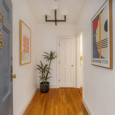 a view of a hallway with a potted plant