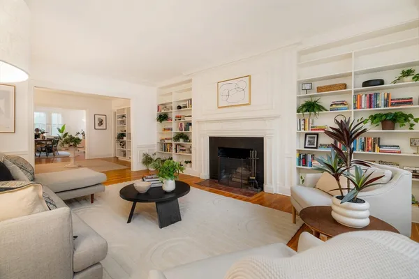 a living room with furniture potted plant and a fireplace