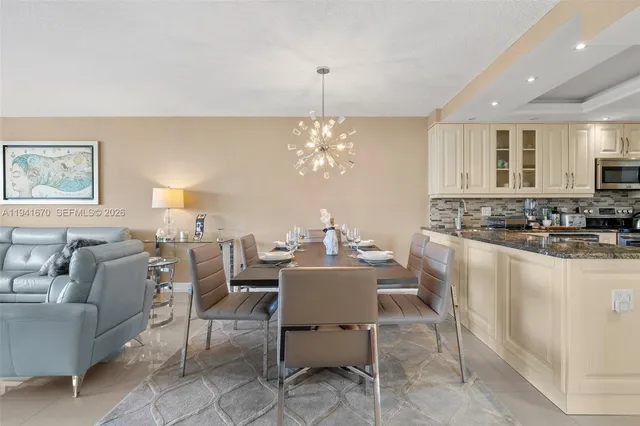 a view of a dining room with furniture