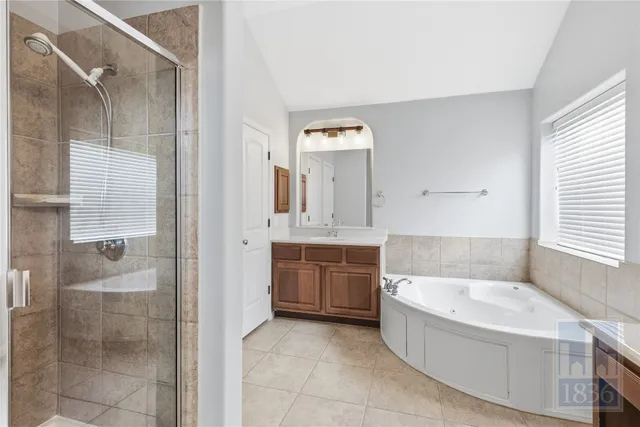 a bathroom with a tub sink and mirror