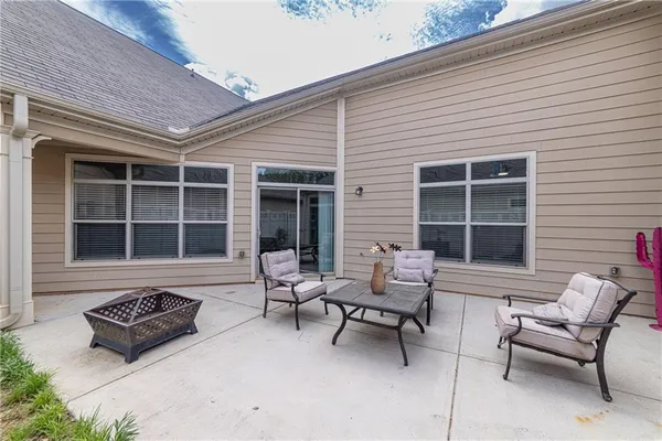 front view of a house with a patio